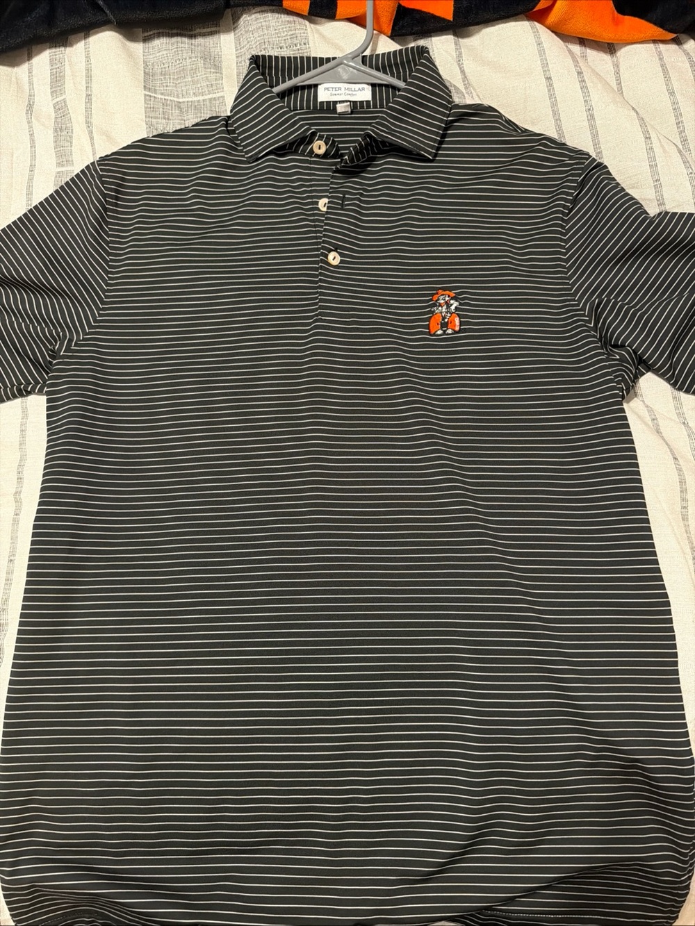 Peter Millar Men’s Black Striped Polo- Oklahoma State